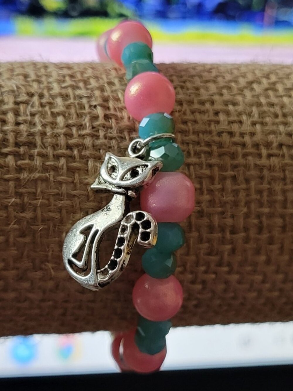 Me-ow Cat Pendant with Bright Pink and Blue Beads